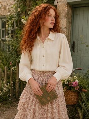 Classic Cream Pintuck Blouse with Soft Collar and Decorative Buttons